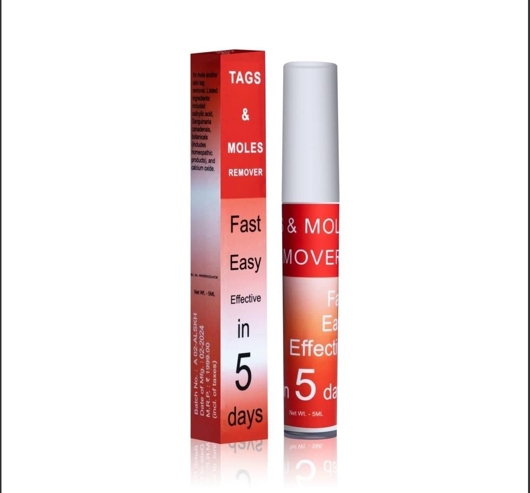 Fast acting tag and mole remover in red and white packaging with 5-day effective treatment