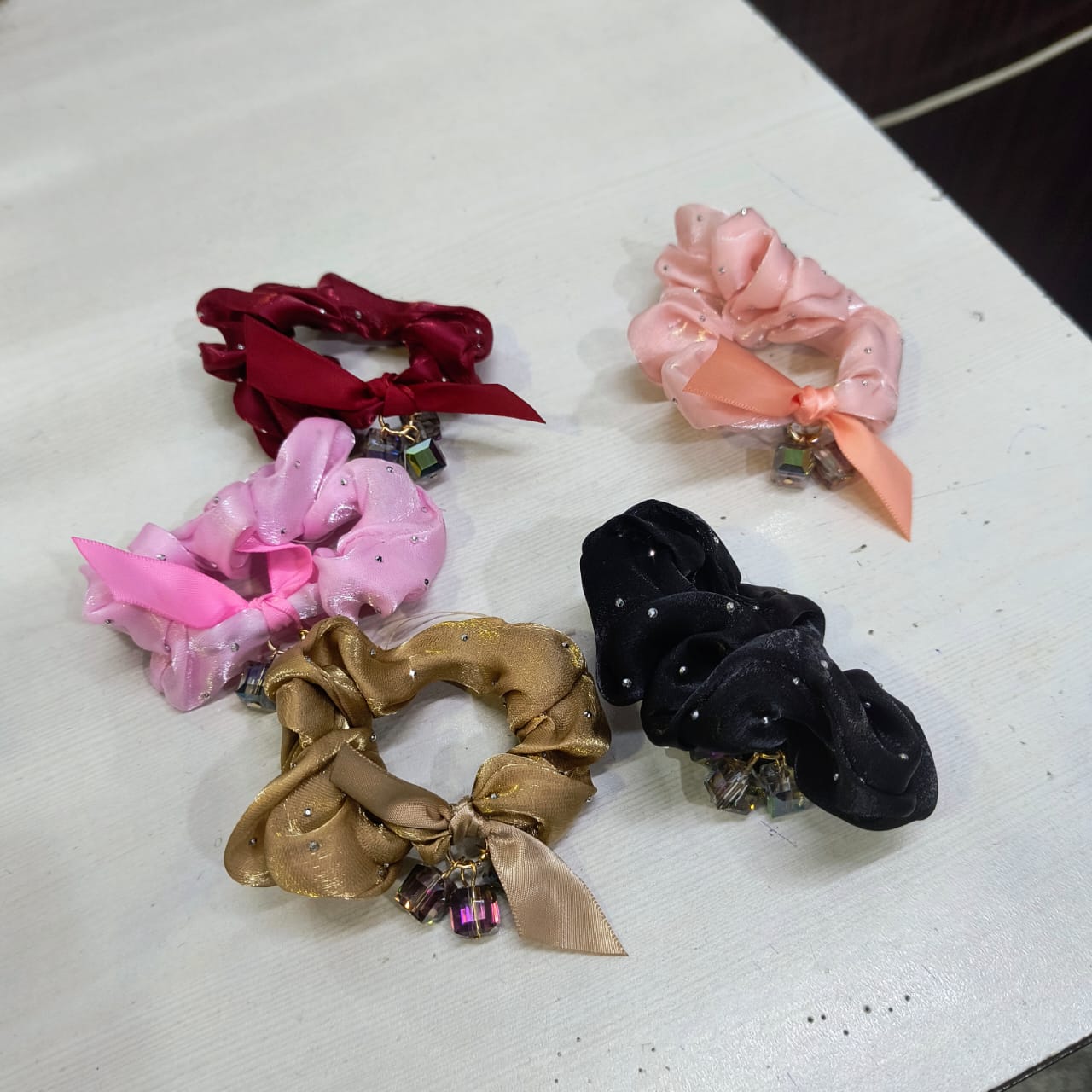 Luxury Crystal Rhinestone Glossy Satin Silk Hair Scrunchies - Large Elastic Hair Bands for Women & Girls