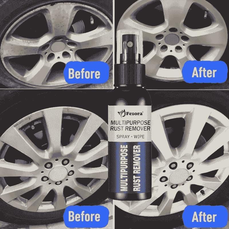 Multipurpose rust remover spray showing before and after results on car rims as best rust remover for home use