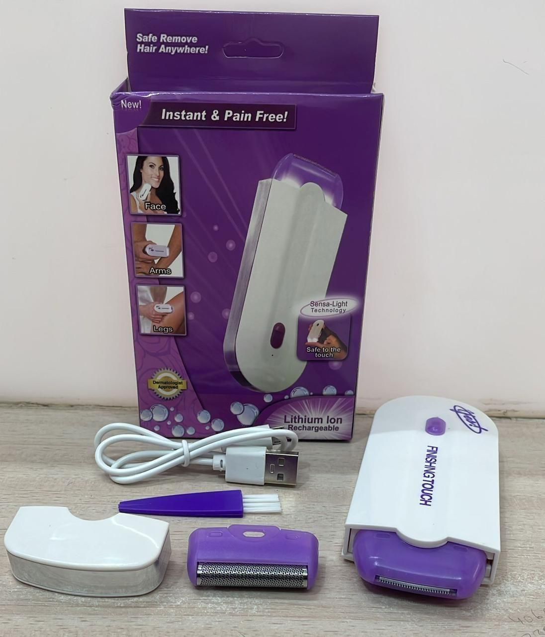 Painless facial hair remover kit with rechargeable lithium ion device and multiple attachments for face arms and legs
