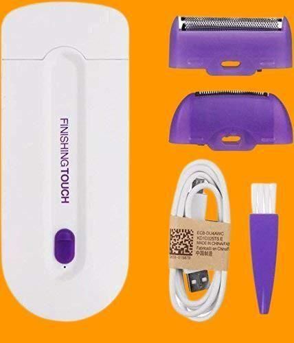 White and purple painless facial hair remover with two replacement heads, cleaning brush, and USB charging cable