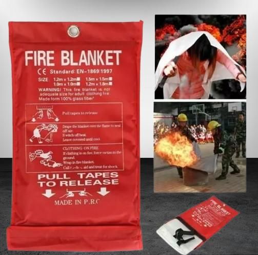 Fire safety blanket for home with red pouch and instructions, shown in use for fire emergency protection