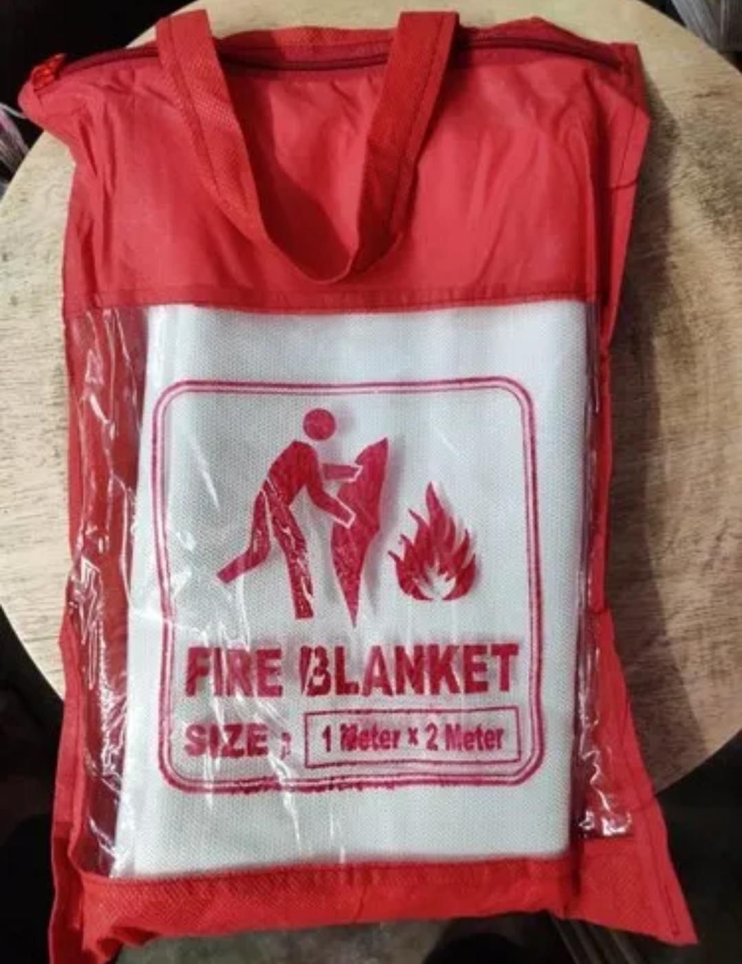 Fire safety blanket for home in red carrying pouch with size 1 meter by 2 meter printed