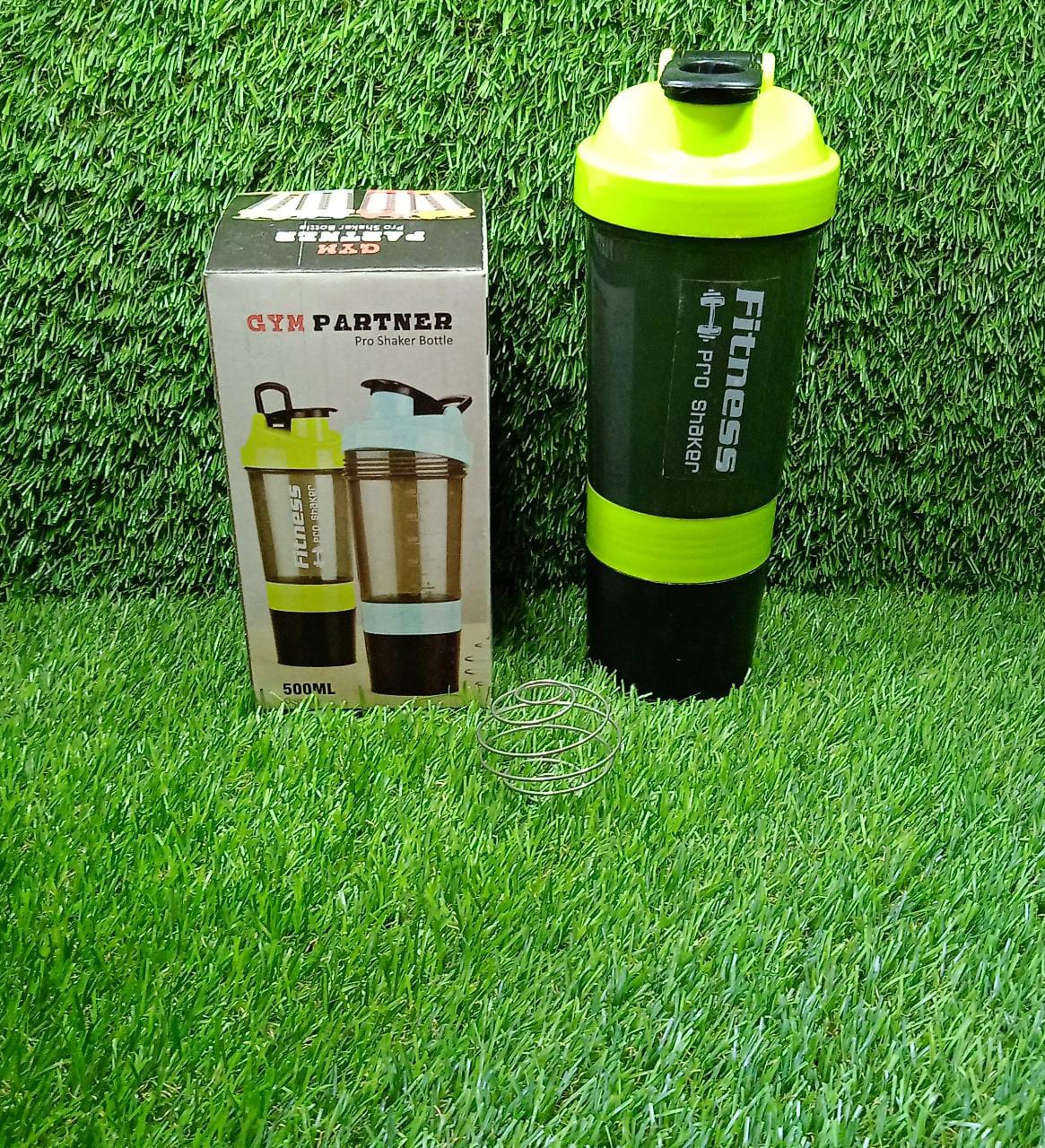 The best protein shaker for workout by The Gir Farmer with black and green design and metal mixer ball