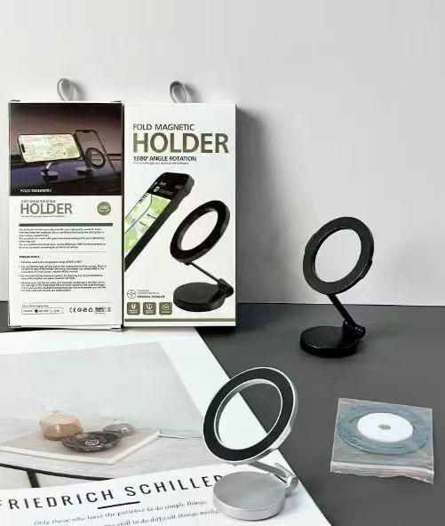Foldable magnetic car phone holder with 180 degree rotation shown in black and silver colors