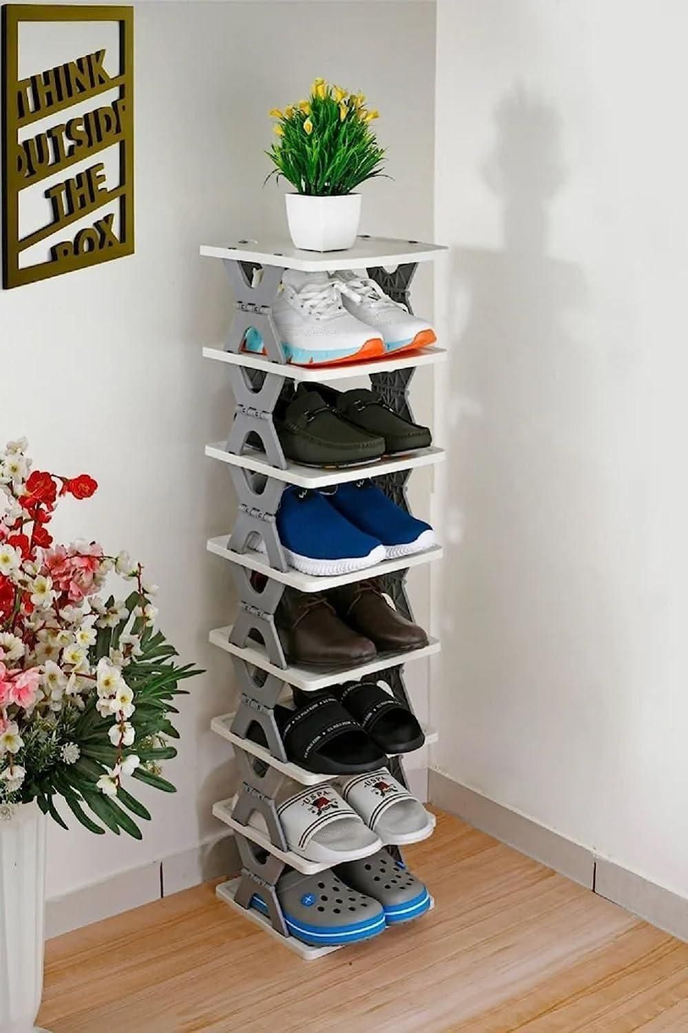 The Gir Farmer foldable shoe rack for small spaces holding multiple pairs of shoes in a corner