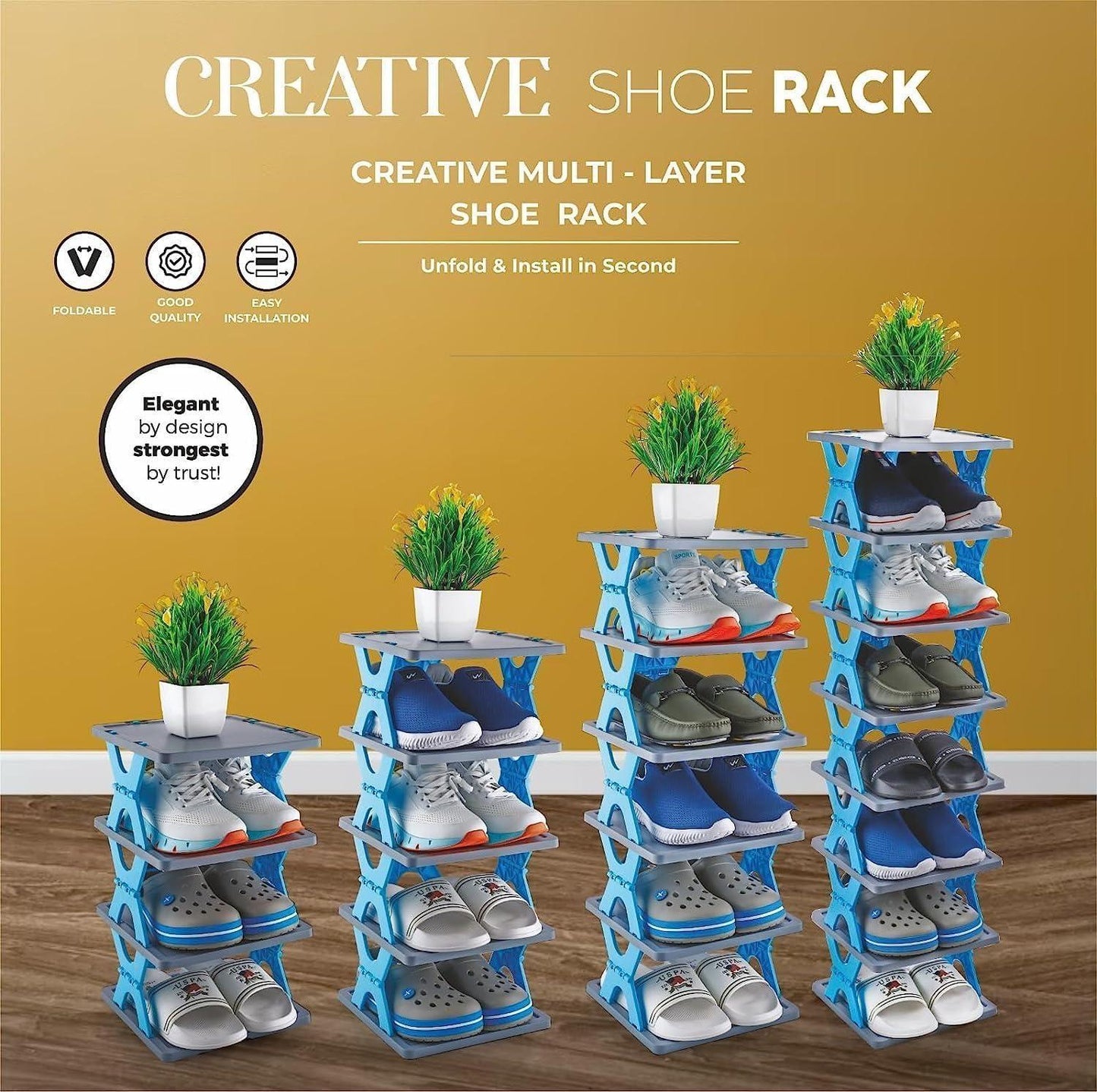 Foldable shoe rack for small spaces by The Gir Farmer with multiple layers holding various shoes and a plant on top