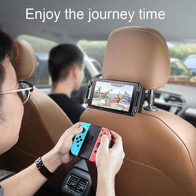 Backseat view of headrest mounted car mount holder for tablets and phones holding a tablet for gaming