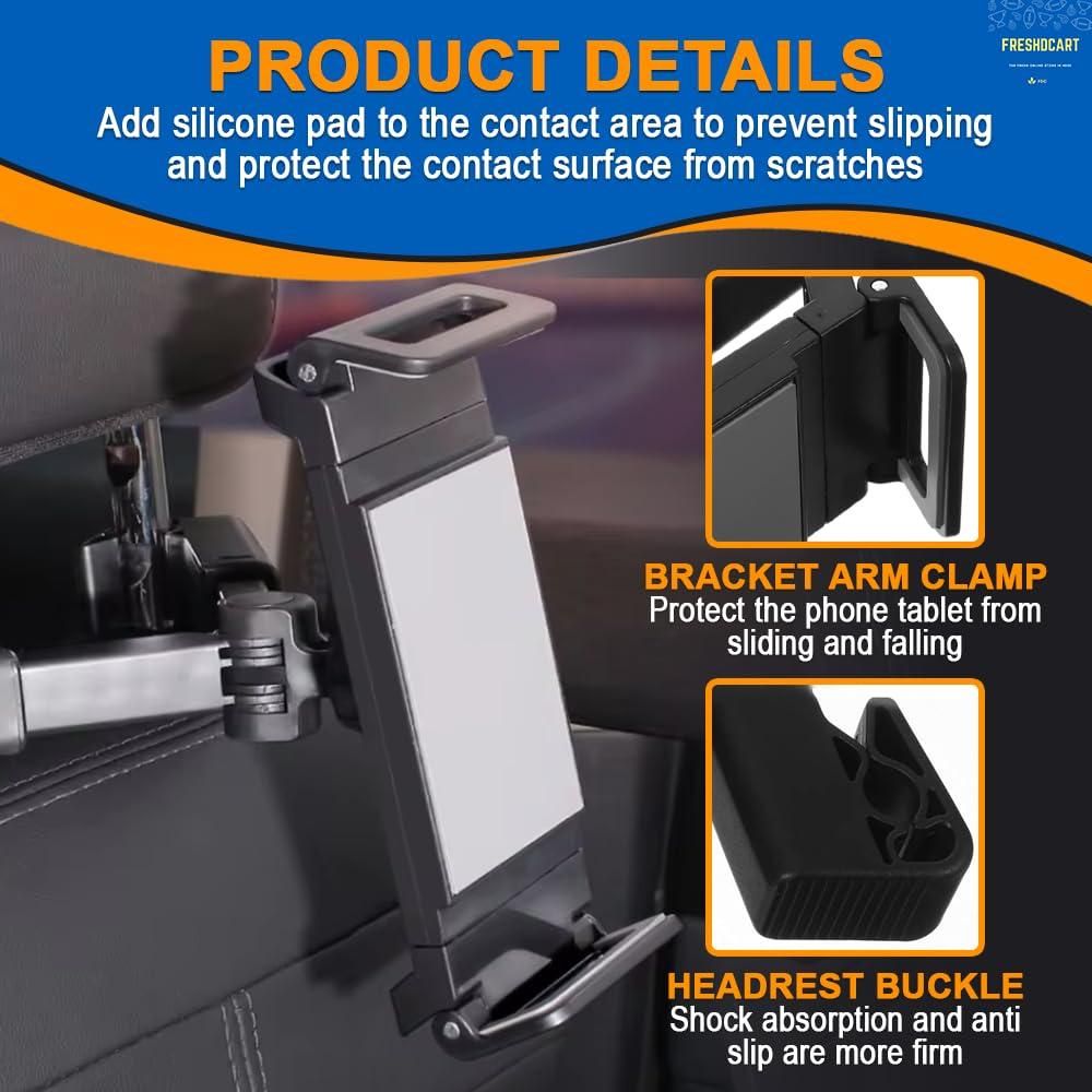 Black headrest bracket car mount holder for tablets and phones showing adjustable arm clamp and silicone pad