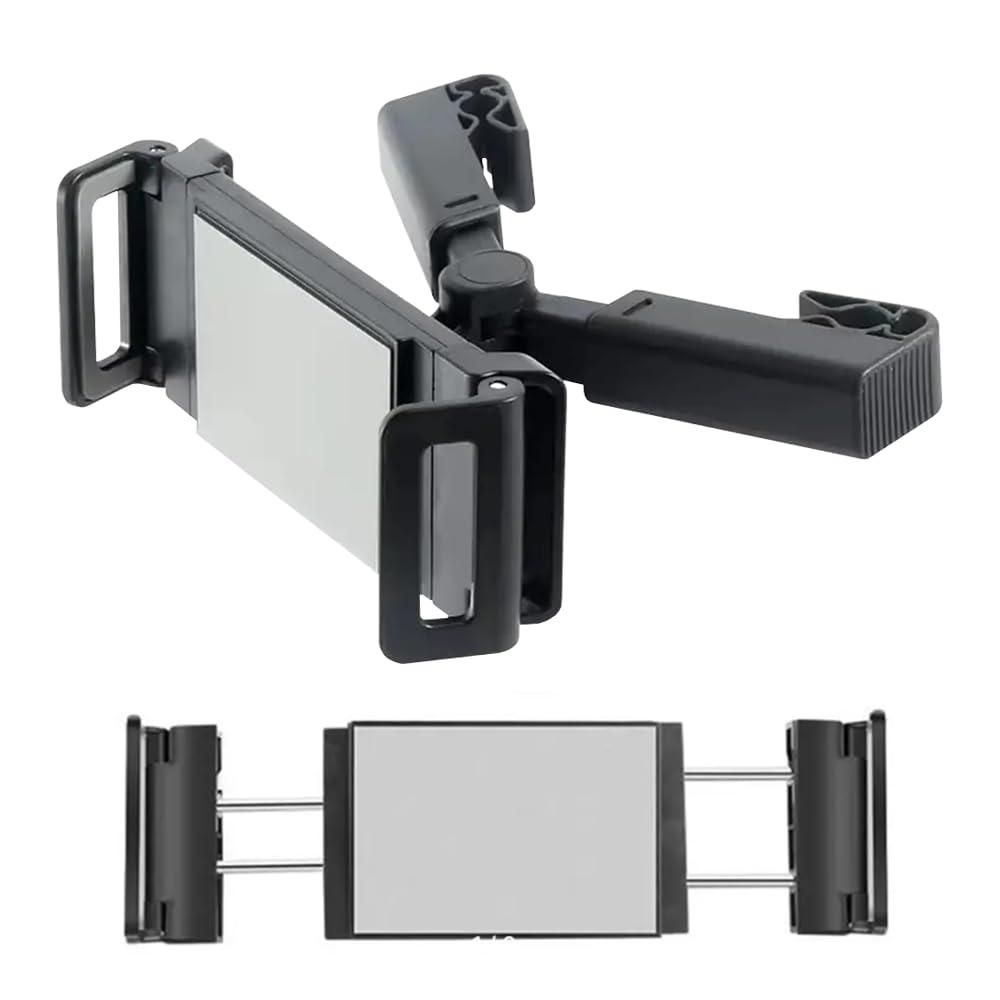 Black adjustable headrest car mount holder for tablets and phones with extendable arms and padded grips
