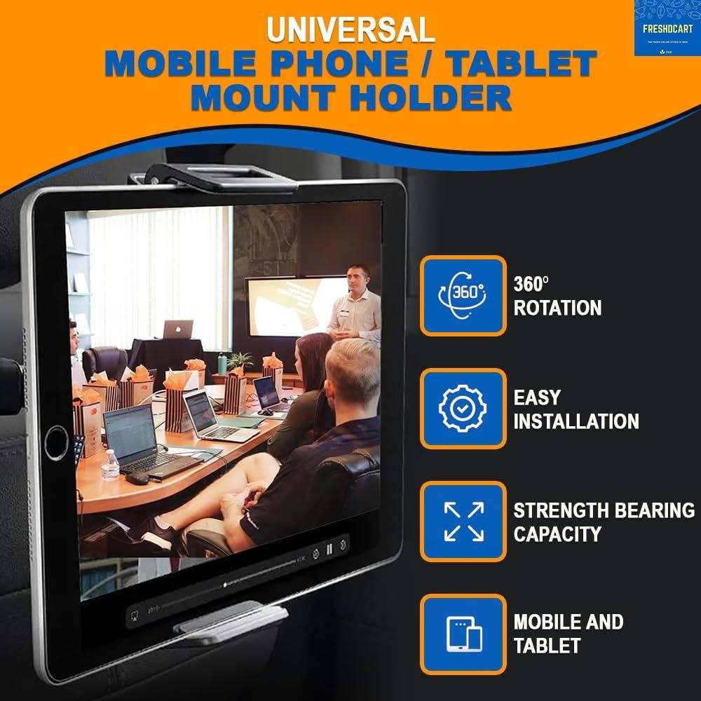Universal car mount holder for tablets and phones attached to car headrest showing 360 rotation and easy installation