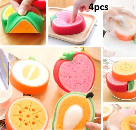 Set of 4 colorful fruit shaped cleaning sponge with soft and durable texture for household use
