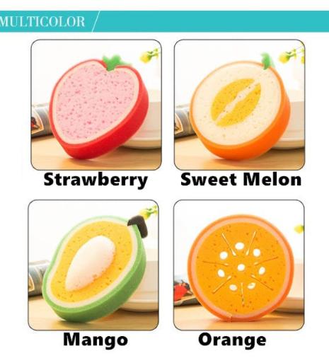 Multicolor fruit shaped cleaning sponge set including strawberry, sweet melon, mango, and orange designs