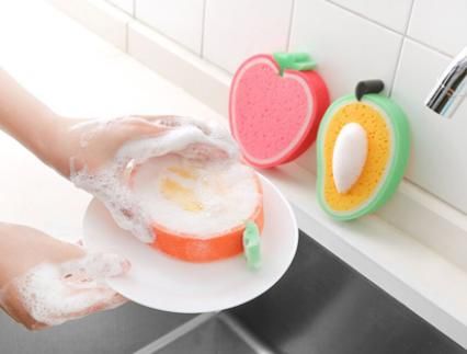 Colorful fruit shaped cleaning sponge set from The Gir Farmer used for washing dishes with soap lather