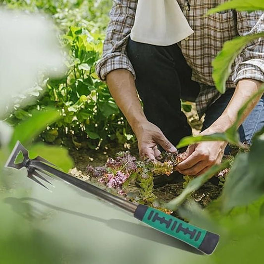 Multi function shovel for home gardens with ergonomic handle lying in garden soil near person planting greenery