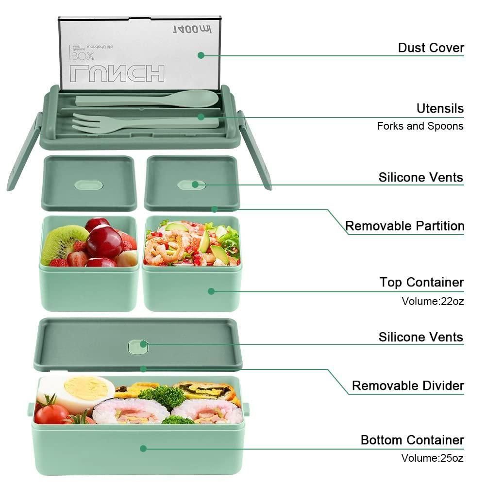 Green bento compartment lunch box with removable dividers utensils and dust cover