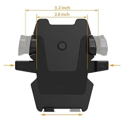 Black car mobile holder for dashboard with adjustable arms and dimensions shown