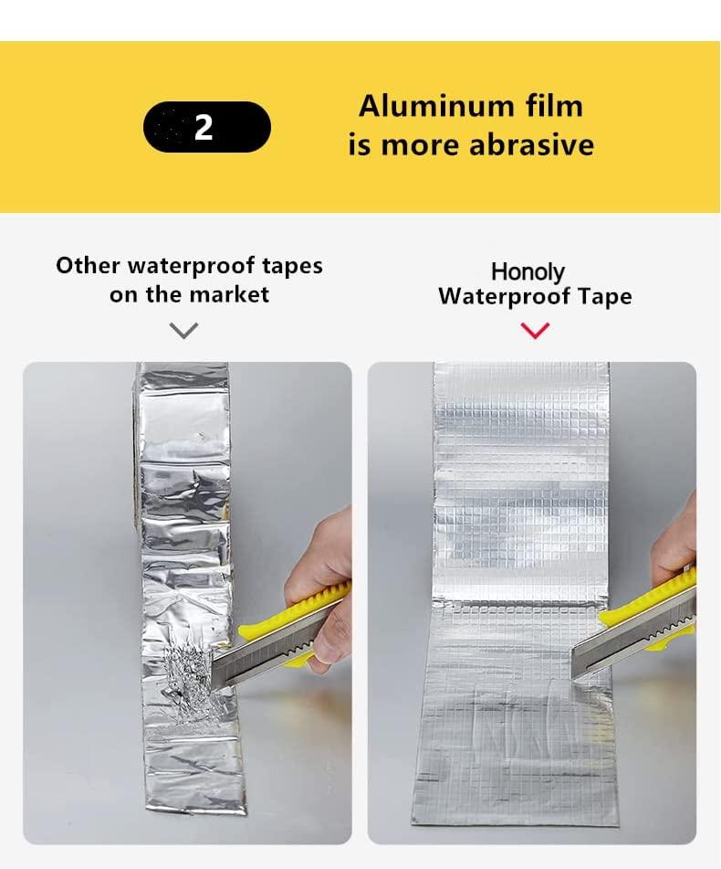 Comparison of aluminum film tape showing abrasive damage on other waterproof tapes versus smooth surface of Honoly waterproof tape leak proof adhesive tape