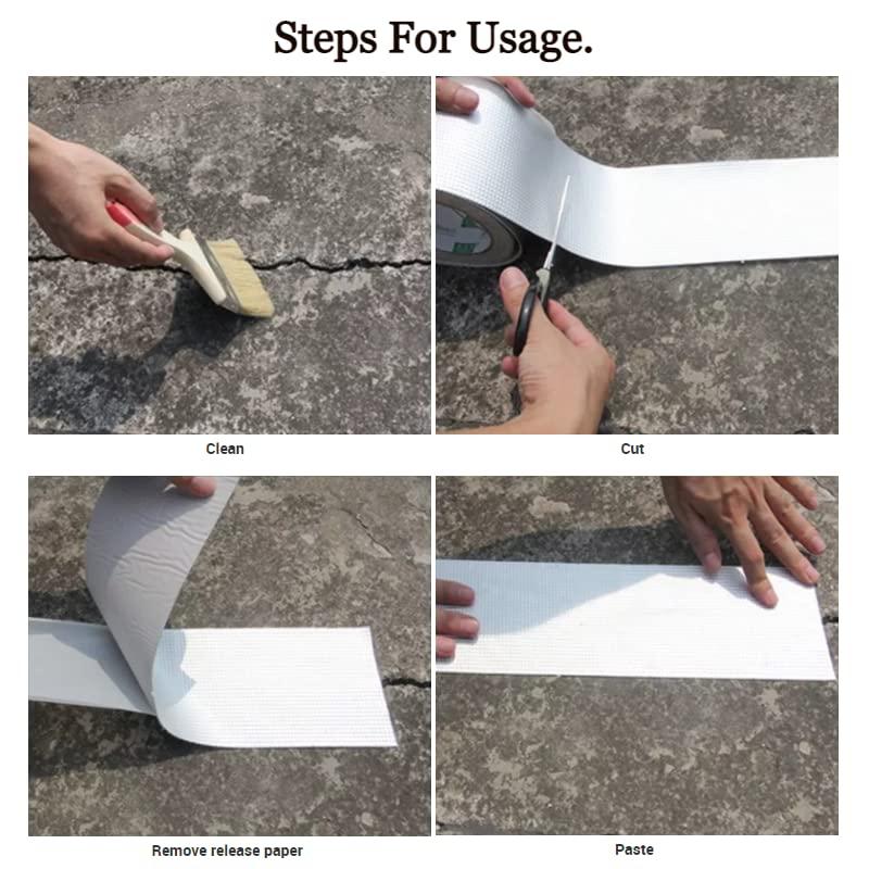 Step-by-step usage guide showing cleaning, cutting, peeling, and pasting leak proof adhesive tape on a concrete surface