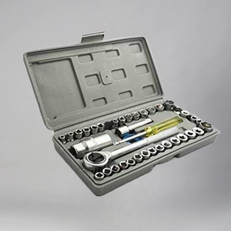 The Gir Farmer multipurpose screwdriver set with ratchet handle and various socket attachments in a gray carrying case