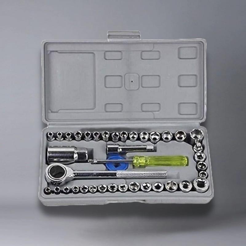 The Gir Farmer multipurpose screwdriver set with various socket attachments and ratchet handle in a gray case
