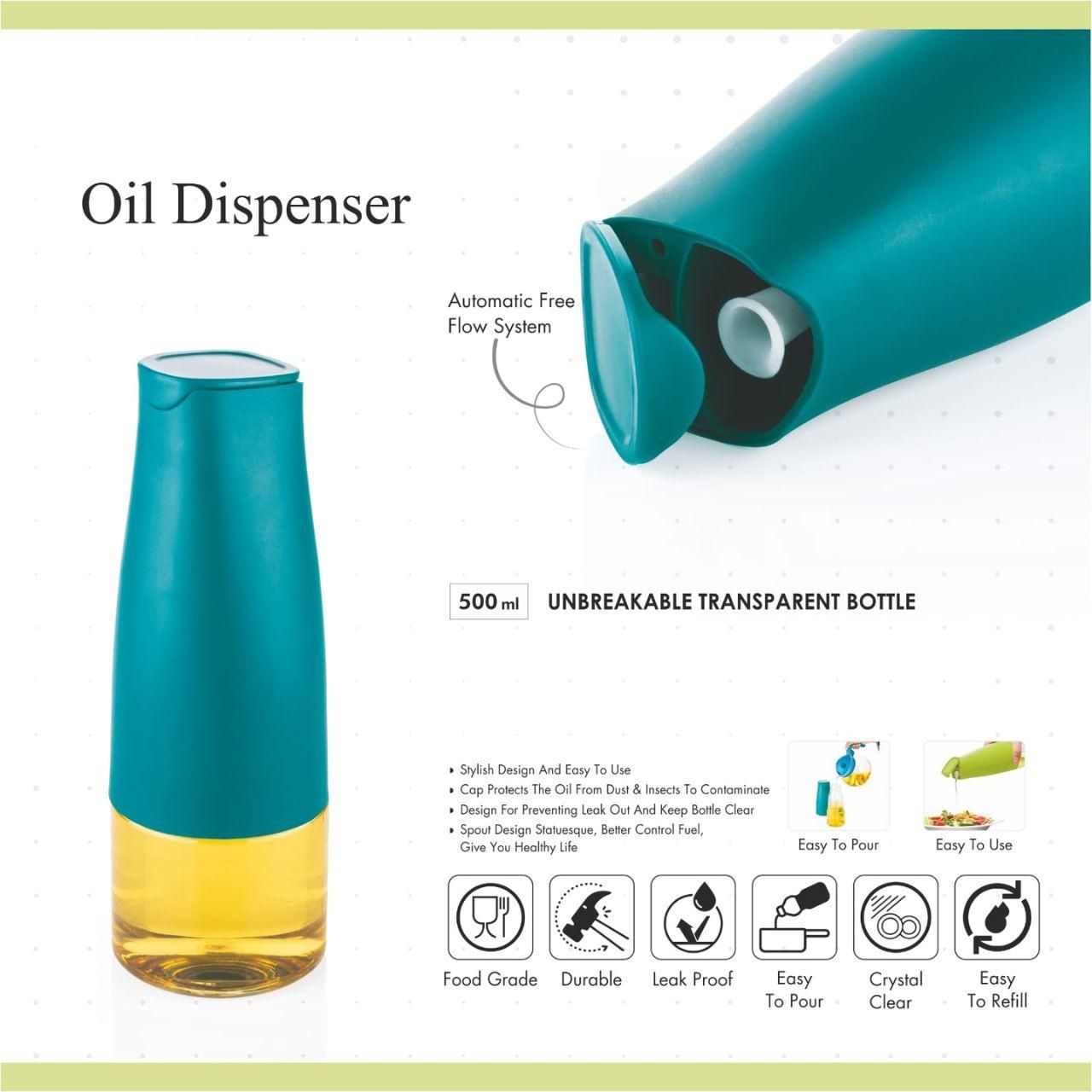 Teal top 500 ml unbreakable transparent oil dispenser bottle for kitchen with spill proof pour spout