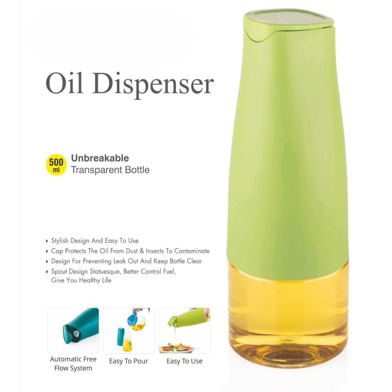 Green top transparent 500ml oil dispenser bottle for kitchen with drip free spout and modern pour design
