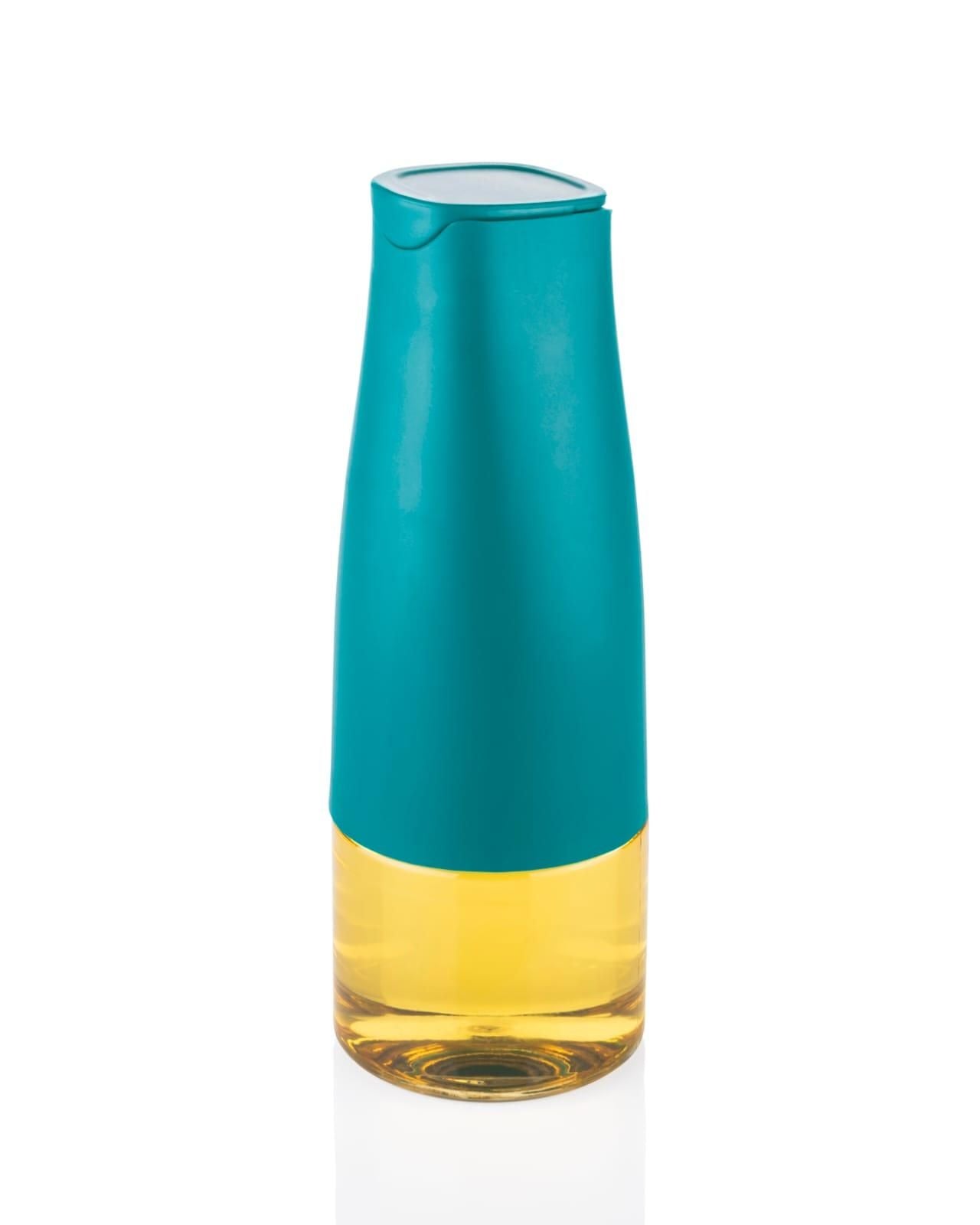 Teal and clear oil dispenser bottle for kitchen with drip free pour spout and modern slim design