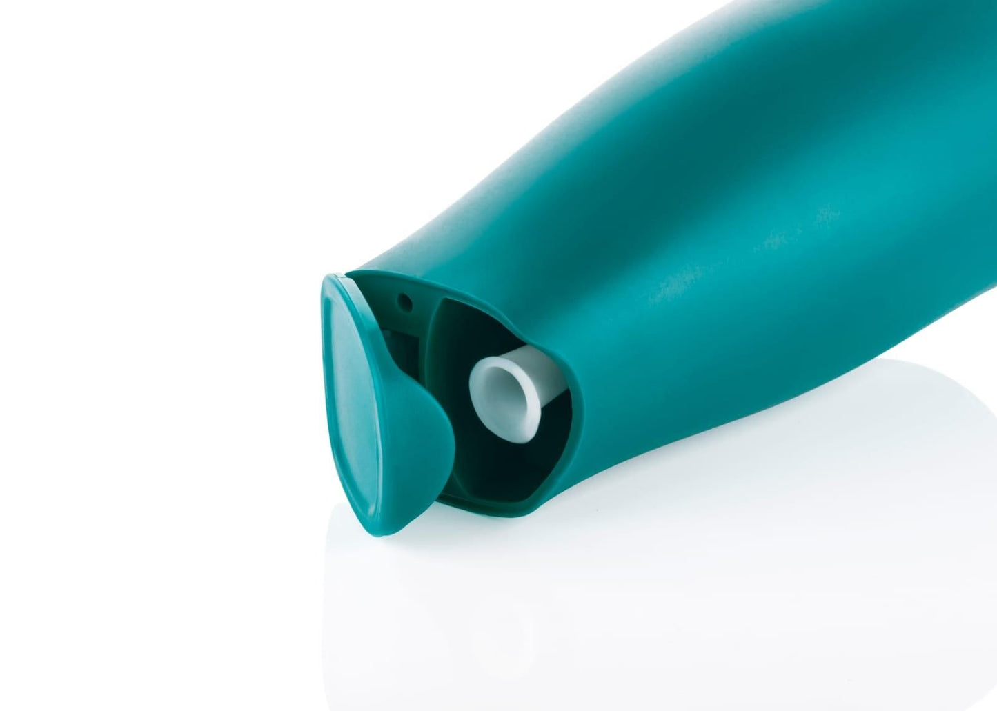 Teal oil dispenser bottle for kitchen with flip top spout open close up showing white pour insert