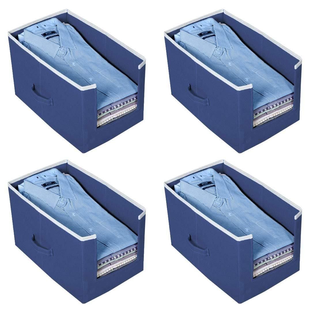 Set of four navy blue shirts and clothing organizer for wardrobe with folded shirts inside
