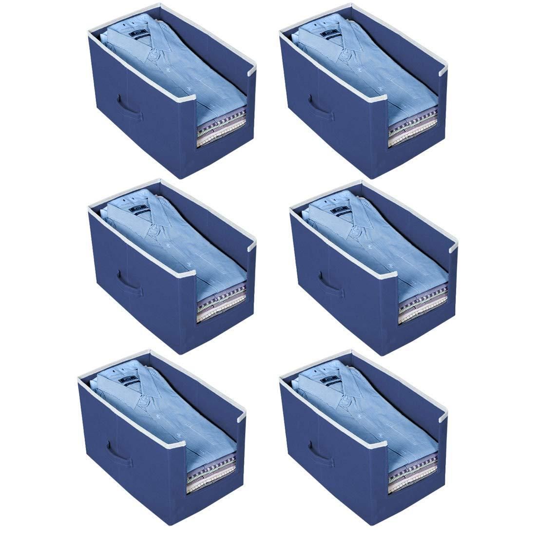 Set of six blue shirts and clothing organizer for wardrobe with handle and compartments for folded clothes