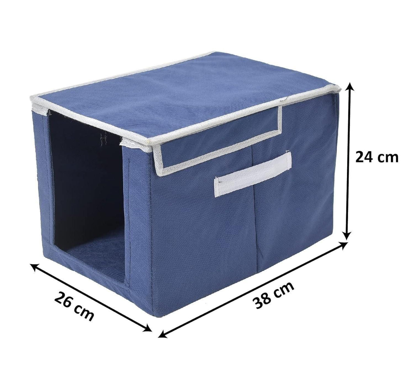 Blue fabric shirts and clothing organizer for wardrobe with front handle and lid, measuring 38 by 26 by 24 centimeters