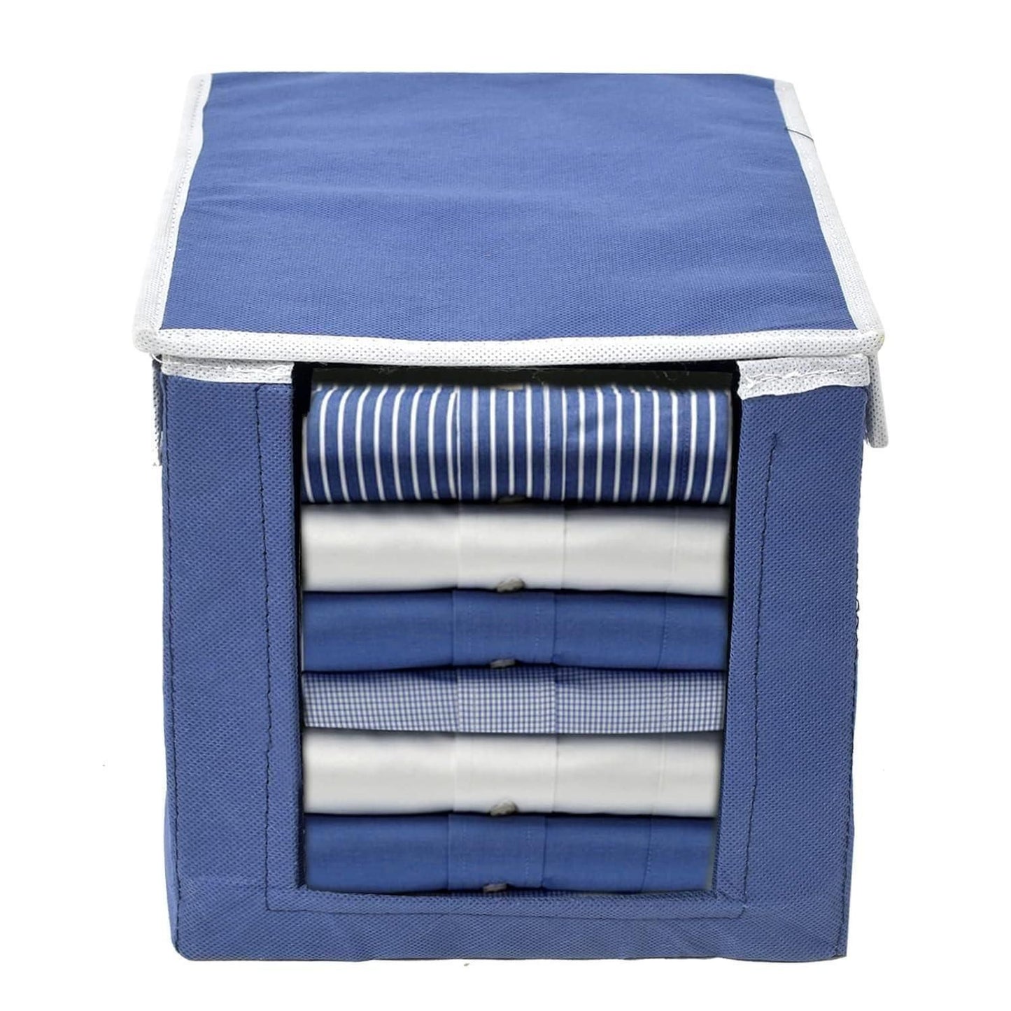 Blue shirts and clothing organizer for wardrobe with folded shirts neatly stored inside