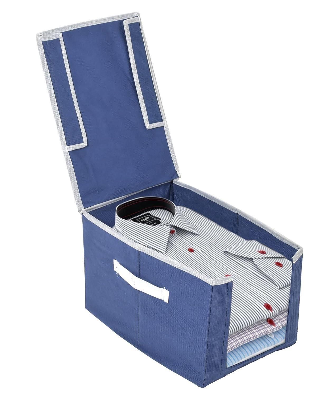 Blue shirts and clothing organizer for wardrobe with foldable lid storing neatly folded dress shirts