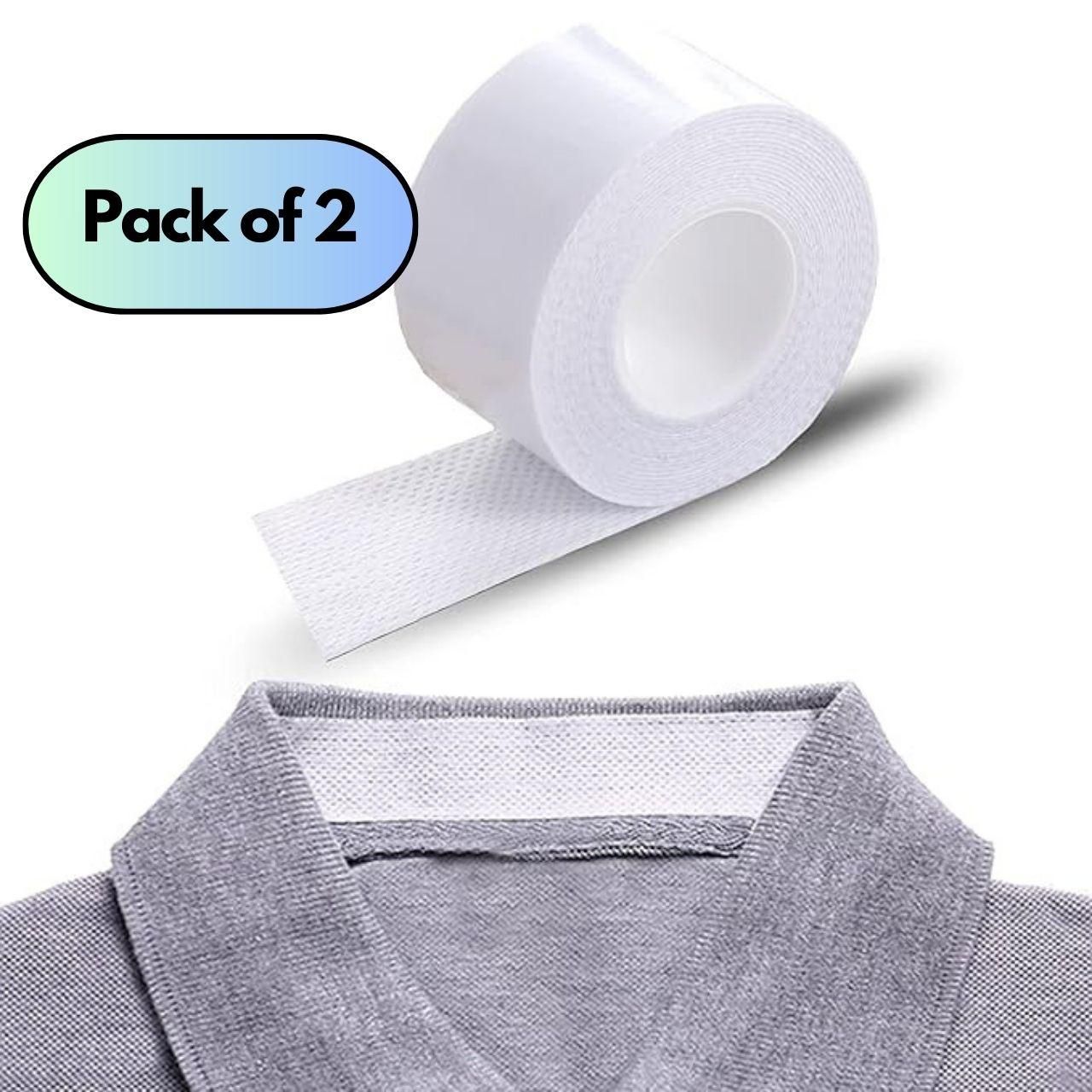 Pack of 2 sweat absorbent adhesive tape rolls applied on clothing collar for moisture control