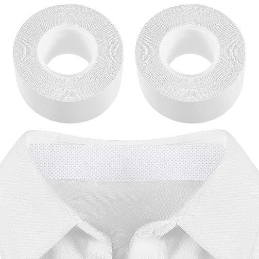 Two rolls of white sweat absorbent adhesive tape above a white shirt collar with the tape applied inside the collar