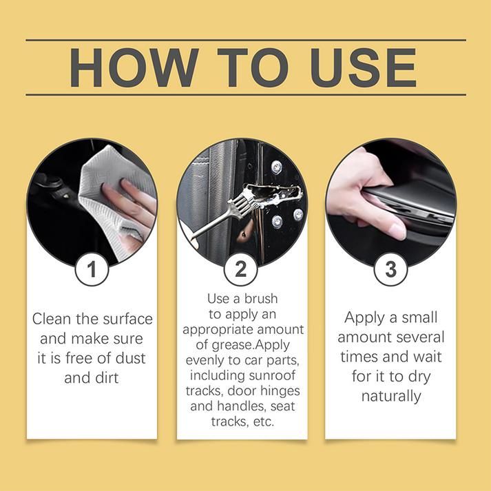 Step-by-step guide showing how to apply synthetic car grease pack on car parts with a brush