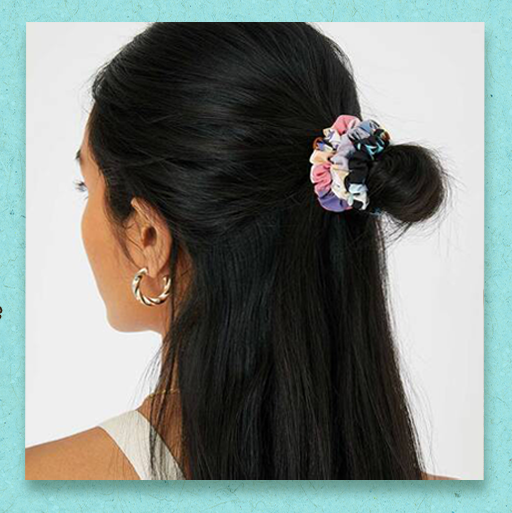Gentle elastic hair rope for women worn on half-up bun with multicolor fabric design