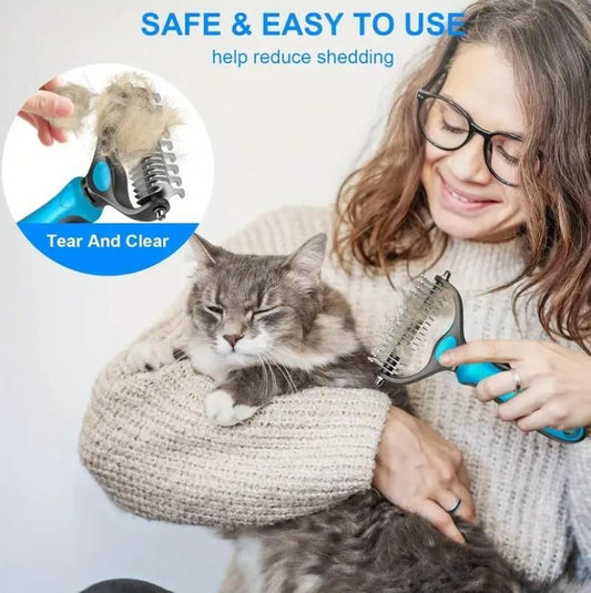 The Gir Farmer gentle grooming tool for pets used to reduce shedding on a gray cat held by a smiling woman