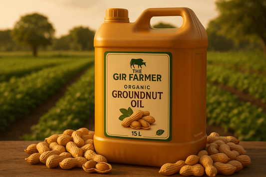THE GIR FARMER Organic Ground Nut Oil in 15L container with peanuts on wooden table outdoors