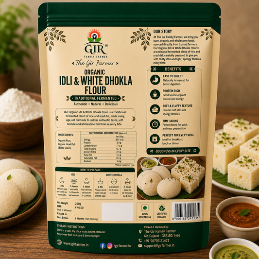 Organic Idli & White Dhokla Flour from THE GIR FARMER in a resealable bag for making delicious snacks