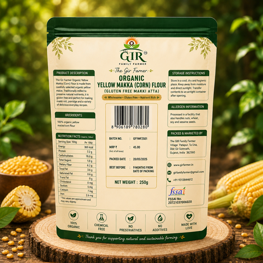 Organic Yellow Corn Flour in a 250g bag, gluten-free, ideal for baking and cooking delicious recipes
