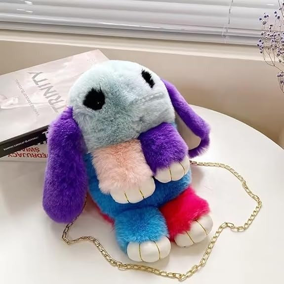 Girls bunny shaped sling bag with chain in colorful soft plush by THE GIR FARMER