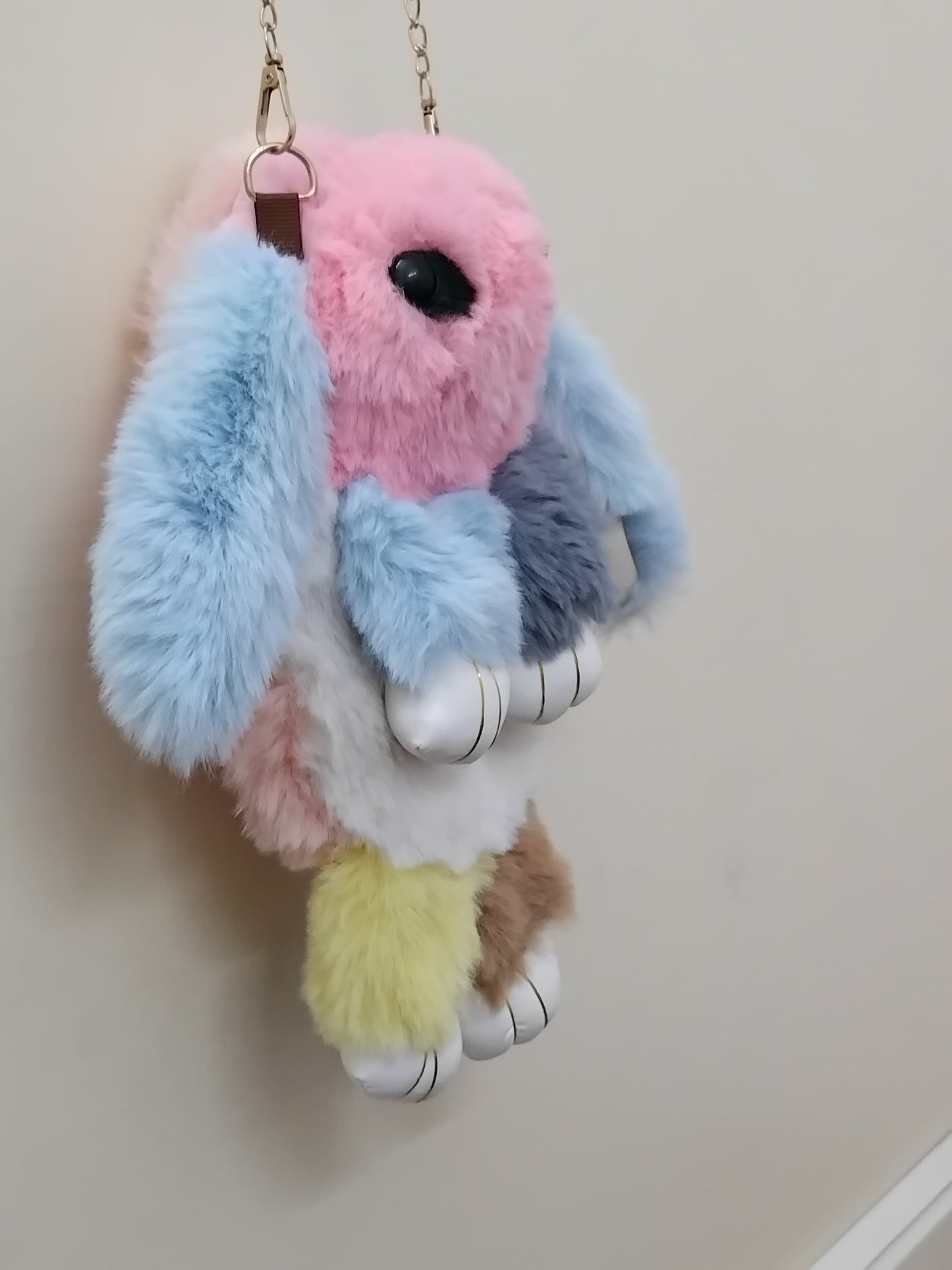 Girls bunny shaped sling bag with chain in pastel multicolor plush design by THE GIR FARMER