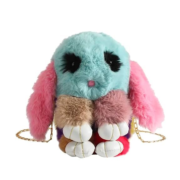 Girls bunny shaped sling bag with chain featuring pastel colors and fluffy texture