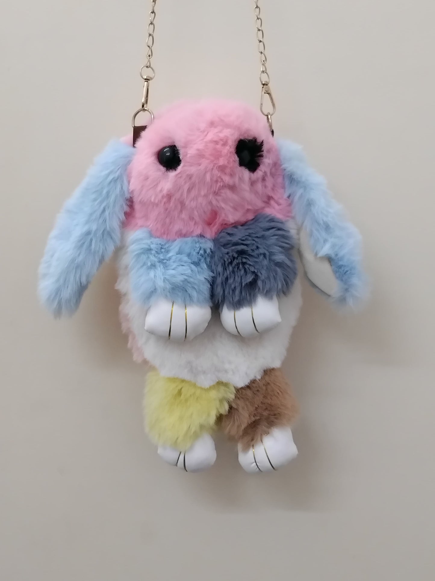 Girls bunny shaped sling bag with chain in pastel multicolor fluffy design by THE GIR FARMER
