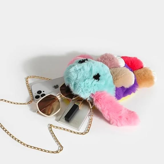 Girls bunny shaped sling bag with chain in pastel colors displayed with sunglasses and lipstick
