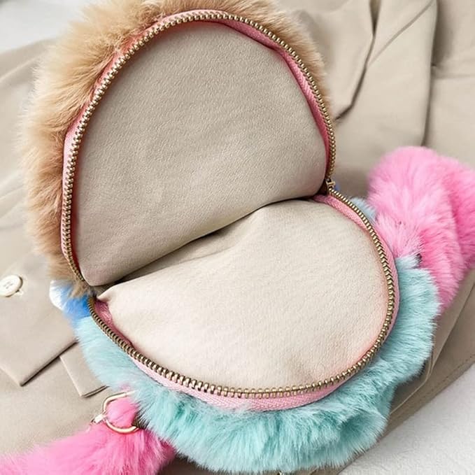 Girls bunny shaped sling bag with chain featuring soft pastel fur and zippered interior