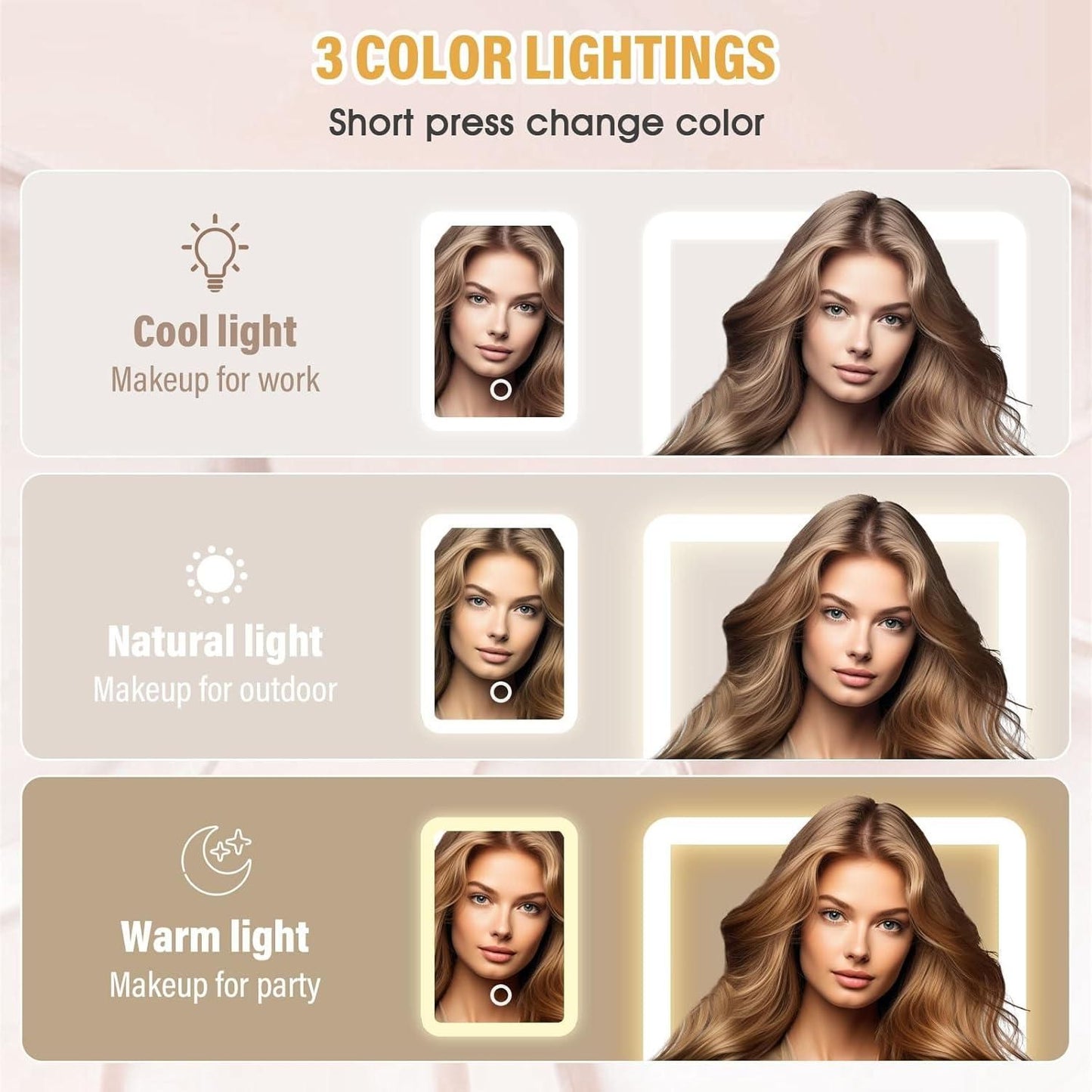 THE GIR FARMER LED vanity mirror showing three color lighting modes cool natural and warm for makeup