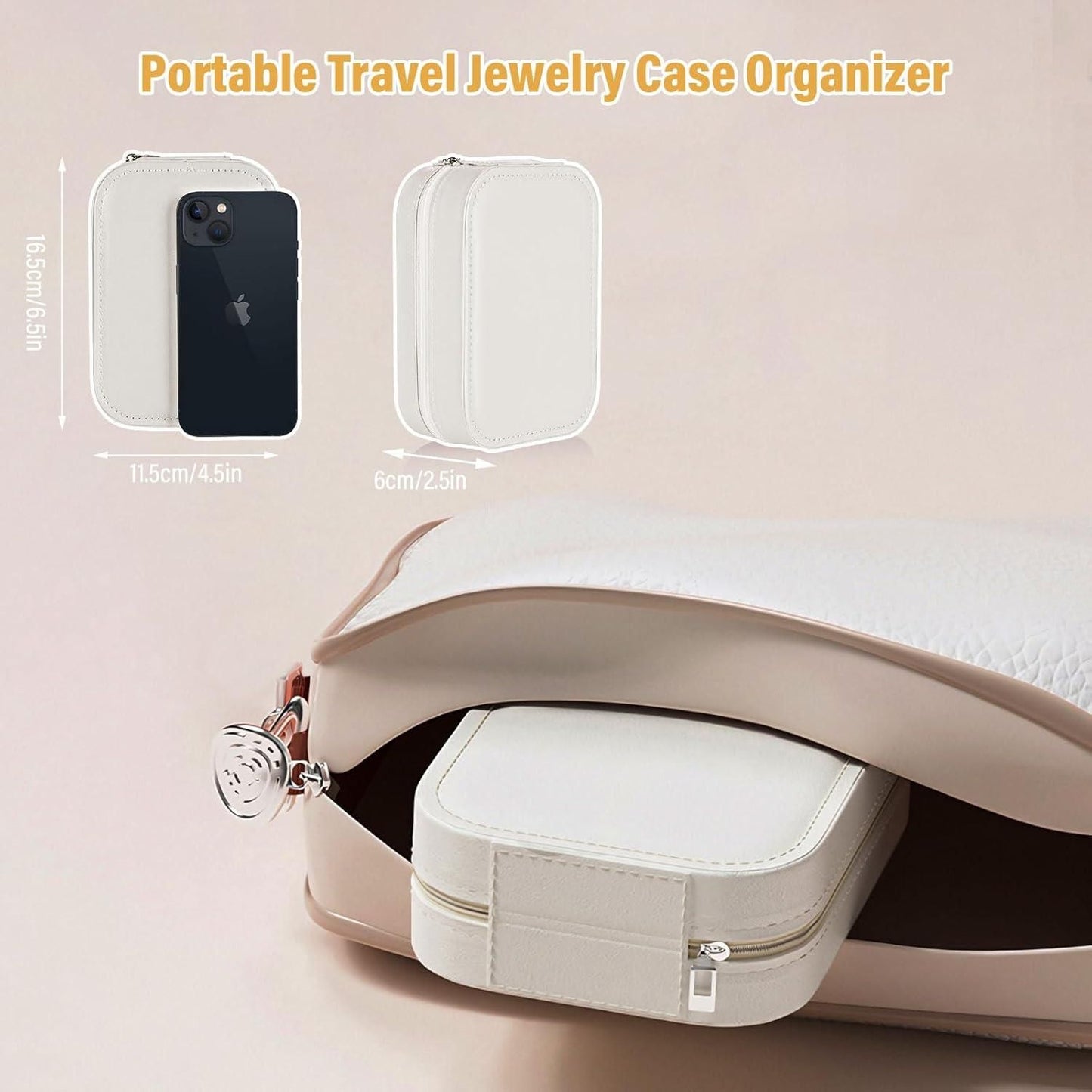 THE GIR FARMER white portable travel jewelry case organizer inside a handbag showing zip closure and compact size